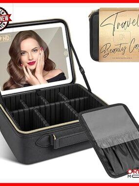 Large Travel Makeup Bag with LED Mirror, Adjustable Dividers, Waterproof PU